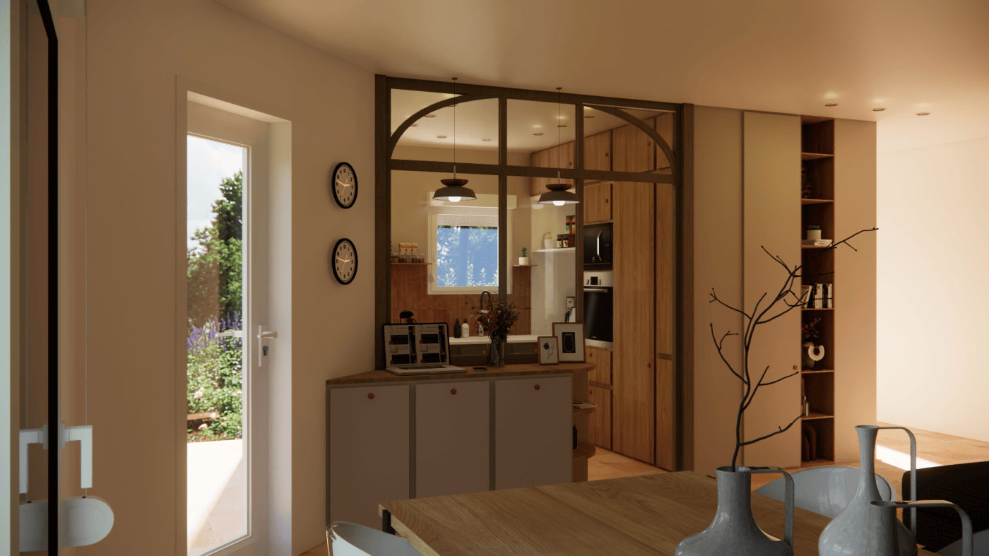 Cuisine ouverte avec verrière en bois en arche, conçue par Atelier Eva, décoratrice d'intérieur dans le Pilat Rhodanien