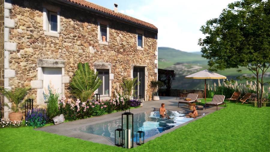 Rendu 3D de l'aménagement extérieur avec piscine à Chuyer par Atelier Eva