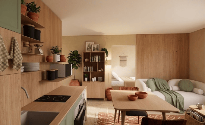 Rendu 3D réaliste du studio rénové par Atelier Eva, décoratrice d'intérieur