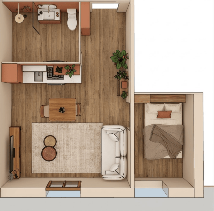 Plan d'aménagement du studio vu de dessus